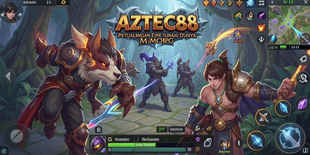 Screenshot gameplay AZTEC88 menampilkan pertarungan seru dalam dunia fantasi.