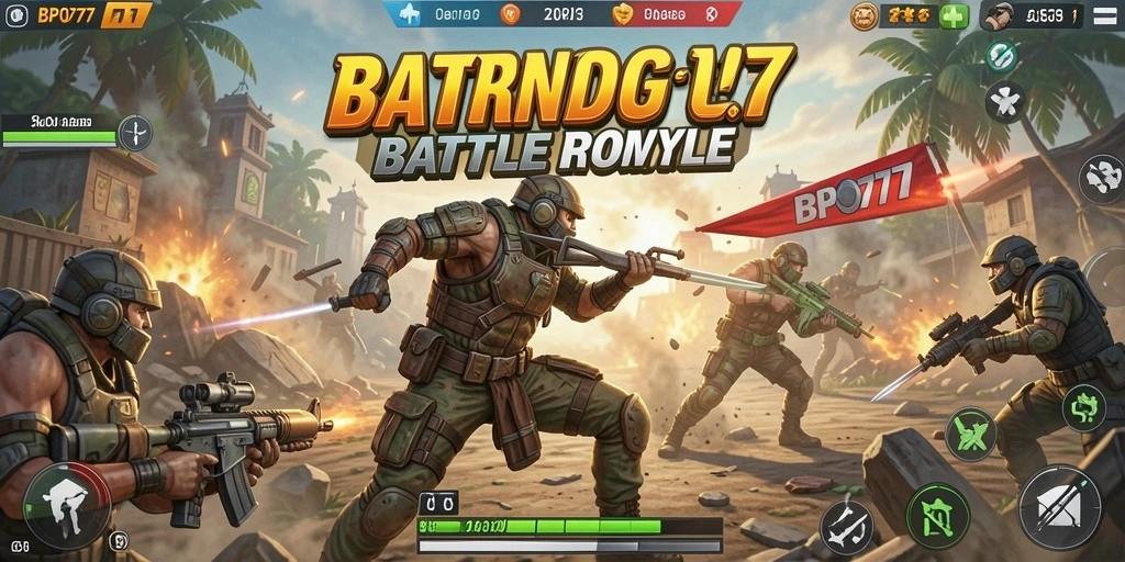 Screenshot BPO777 menampilkan aksi seru dalam pertempuran Battle Royale.