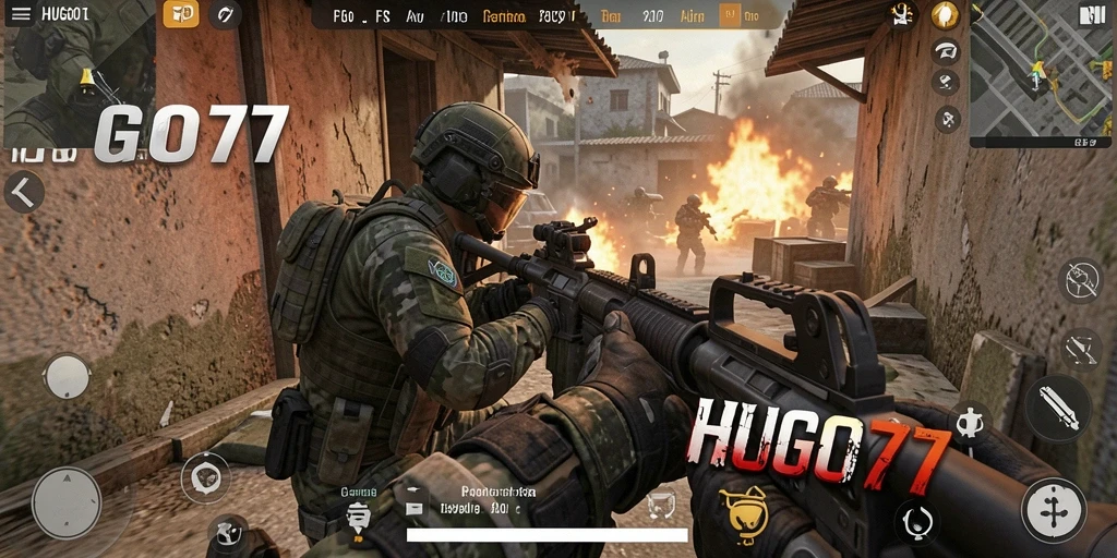 Screenshot gameplay HUGO77 menunjukkan aksi tembak-menembak yang memukau.