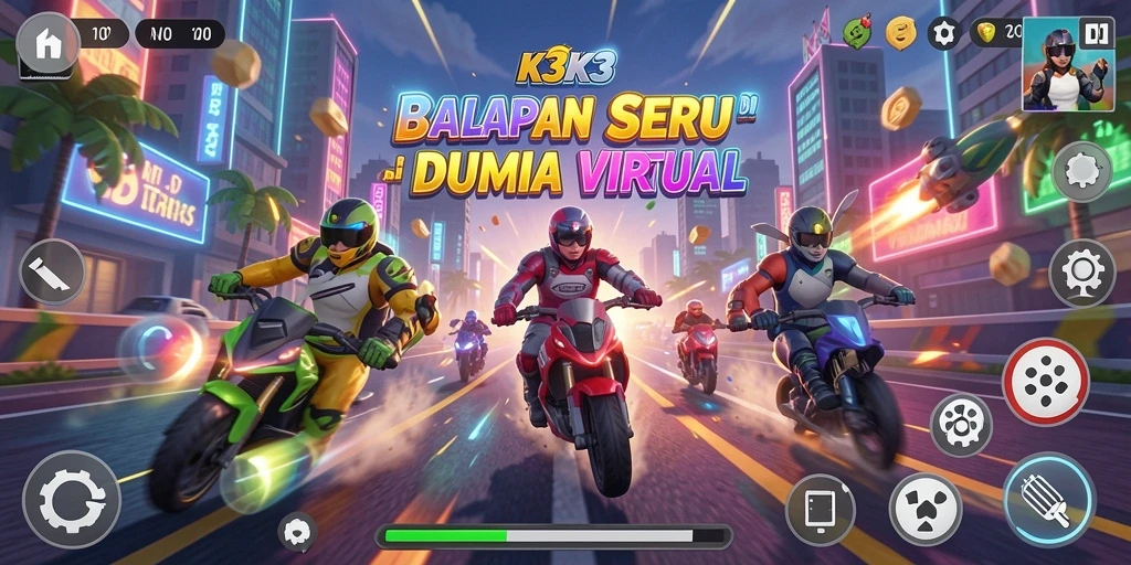 Tangkapan layar gameplay K3K3 menampilkan aksi balapan yang mendebarkan.