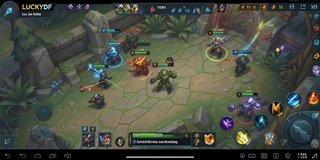 Tampilan aksi gameplay MOBA LUCKYDF dengan berbagai hero berinteraksi.