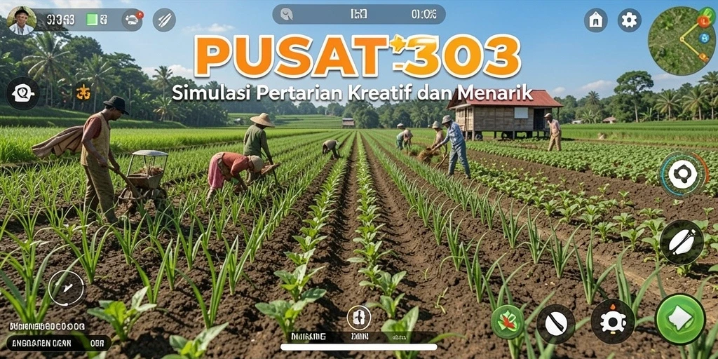 Screenshot gameplay PUSAT303 menampilkan suasana pertanian yang ceria dan interaktif.