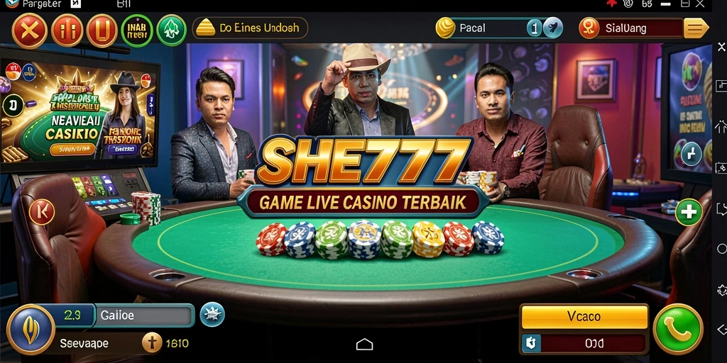 Tangkapan layar gameplay SHE777 menampilkan dealer langsung dan suasana kasino.