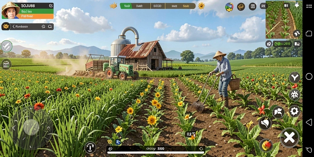 Gambaran gameplay SOJU88 dalam dunia pertanian yang penuh warna.