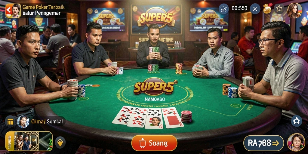 Tampilan gameplay SUPER5 yang seru dan mendebarkan dalam permainan Poker.