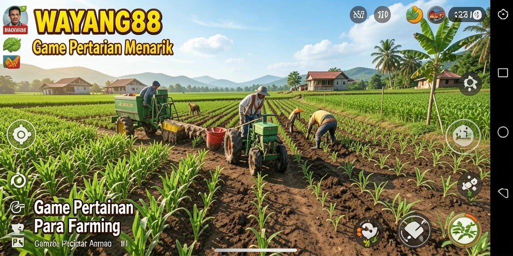 Tangkapan layar permainan WAYANG88 menampilkan kebun yang rimbun dan hewan ternak.